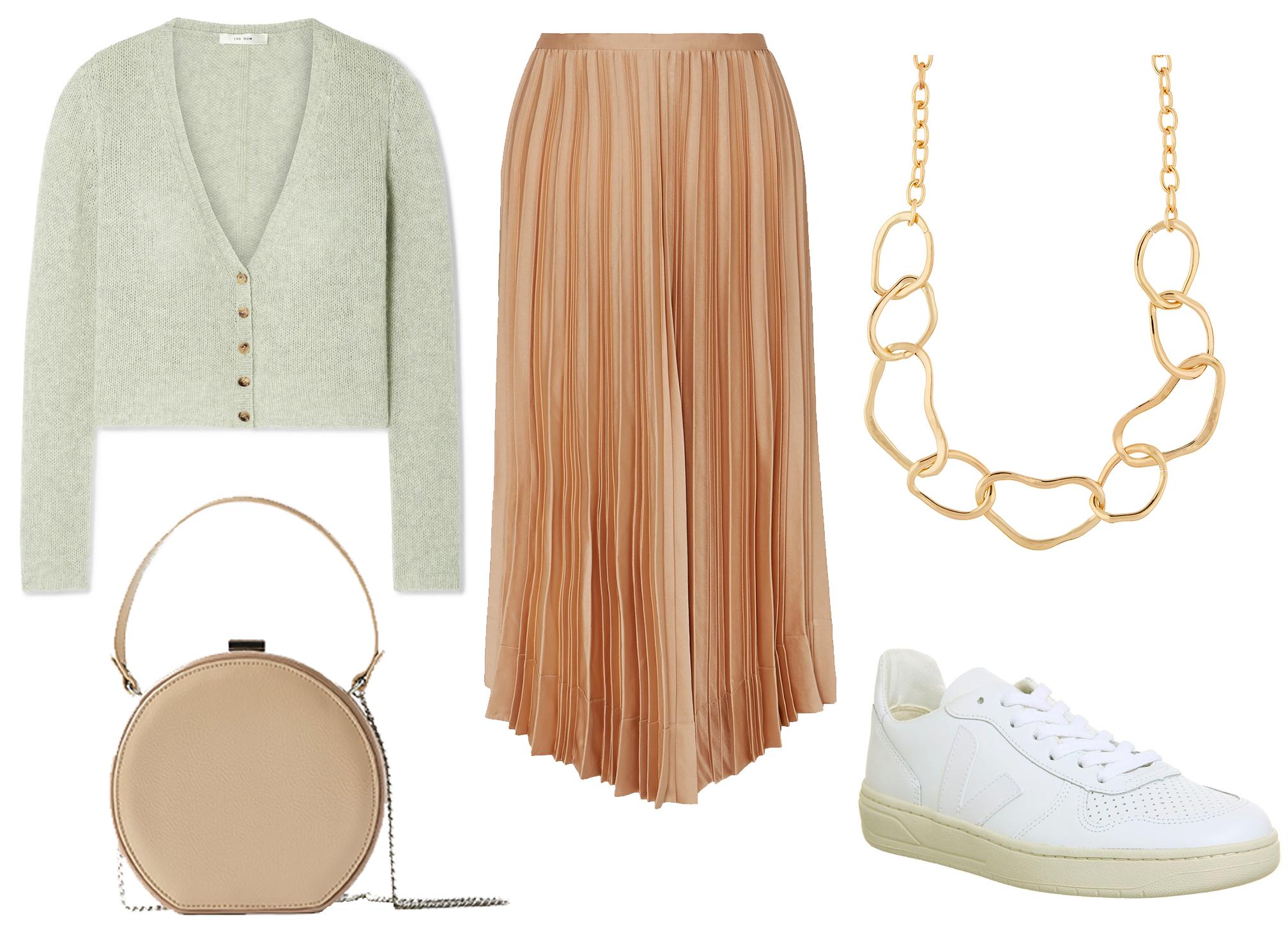 The Row, Abigael cropped cashmere cardigan: £820, Zara round patent finish bag: £29.99, Frankie shop Chloe asymmetric pleated satin midi skirt: £180, Accessorize chunky links necklace: £12, Veja V-10 Trainer: £115