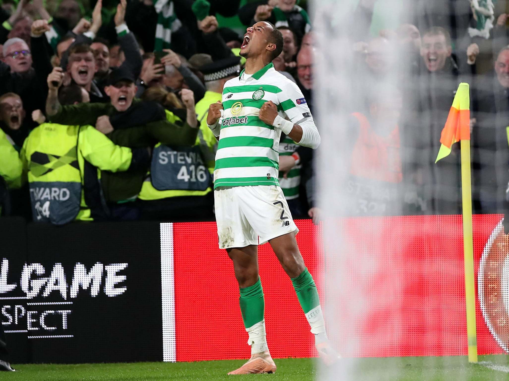 Christopher Jullien celebrates after scoring Celtic's winner