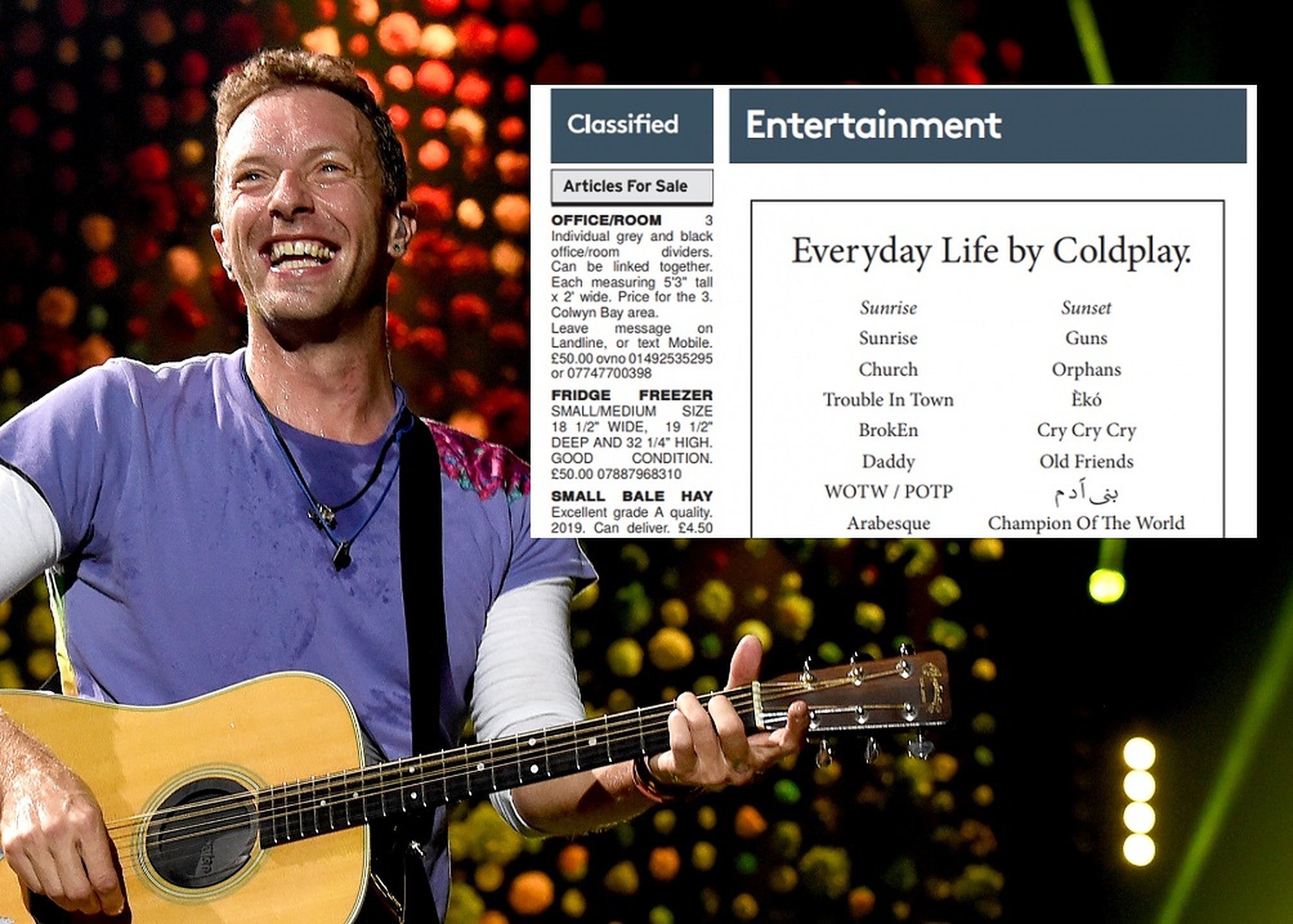 Ad man: Chris Martin and Coldplay announced details of their new album in local papers