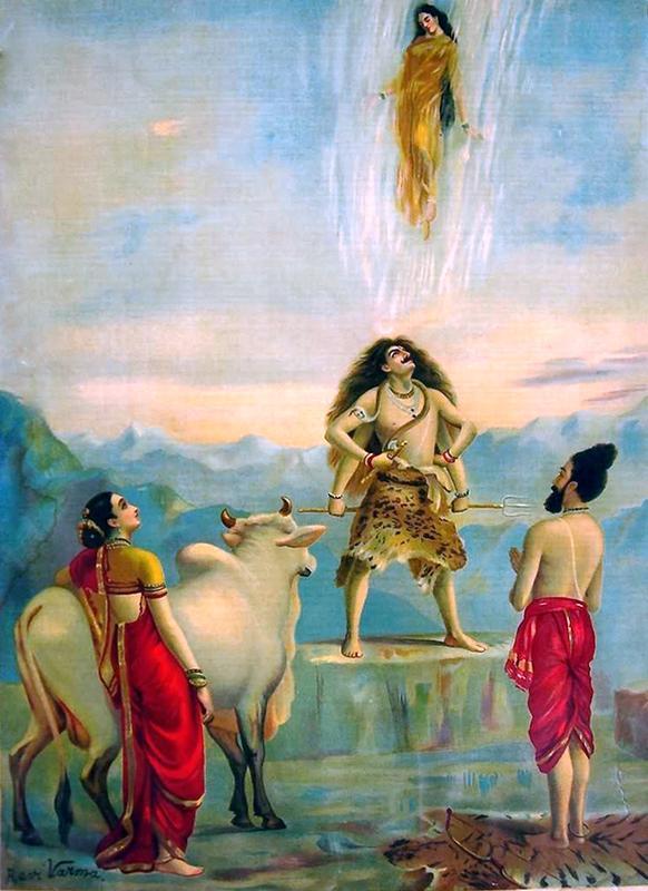 This painting by 19th-century Indian artist Raja Ravi Varma portrays the goddess Ganga descending from heaven to form the River Ganges on Earth