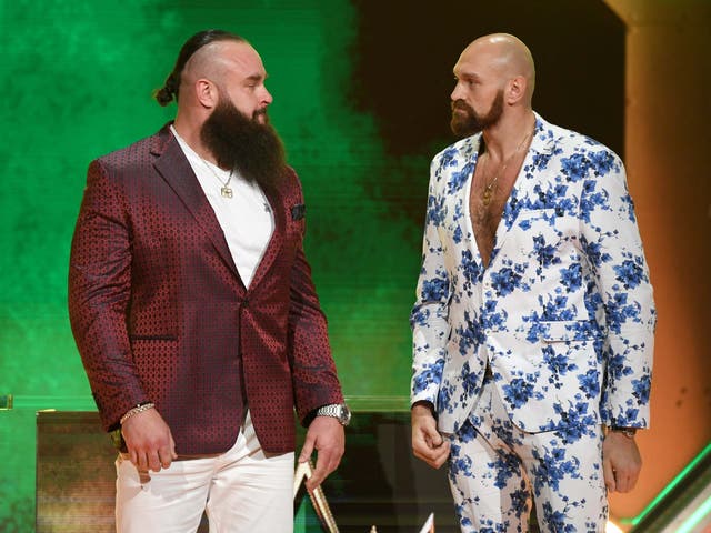 Tyson Fury, right, at the announcement of his WWE fight with Braun Strowman