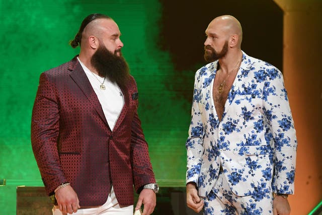 Tyson Fury, right, at the announcement of his WWE fight with Braun Strowman