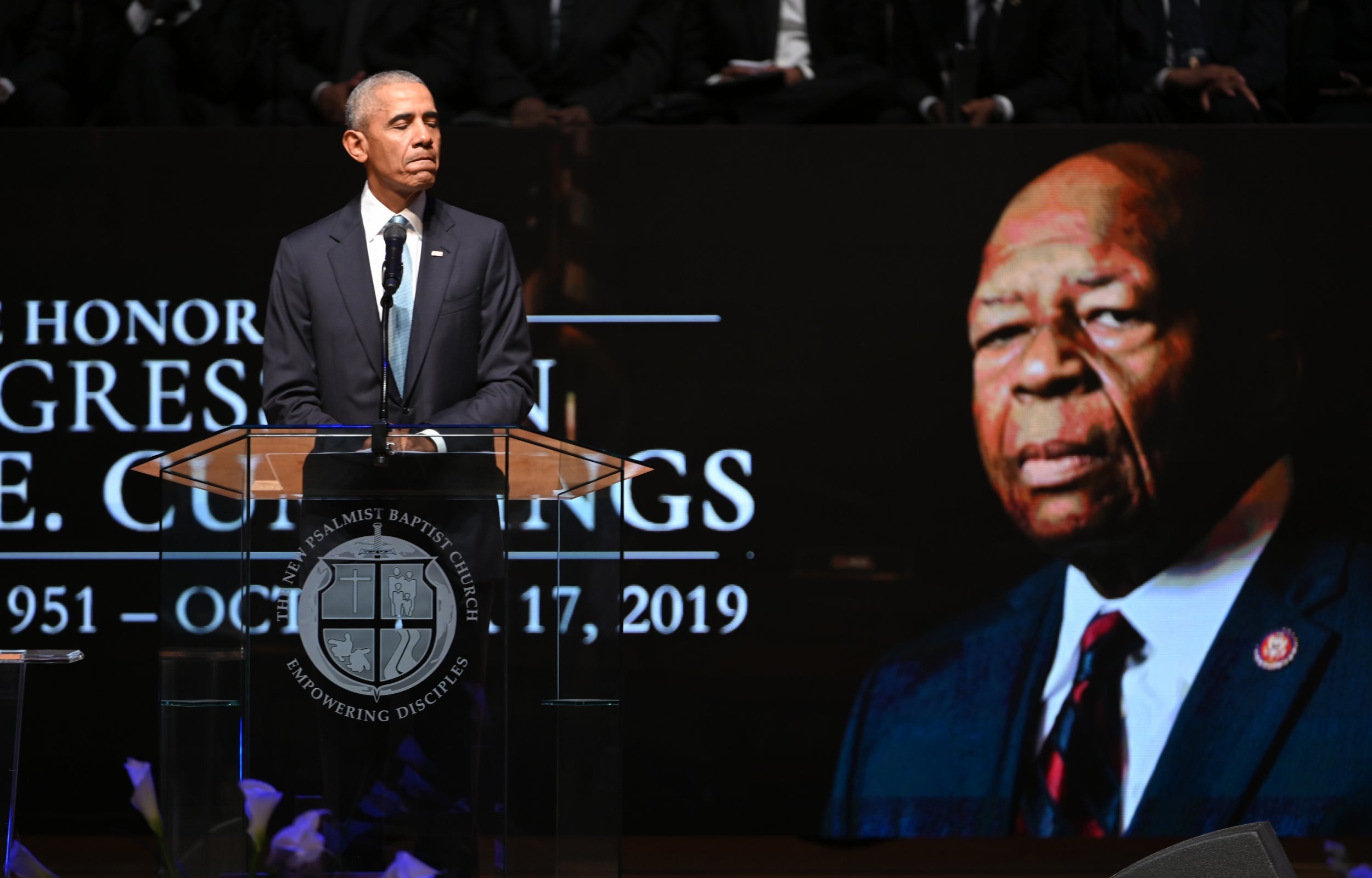 Former president Barack Obama gives a eulogy at the funeral of Elijah Cummings in Baltimore
