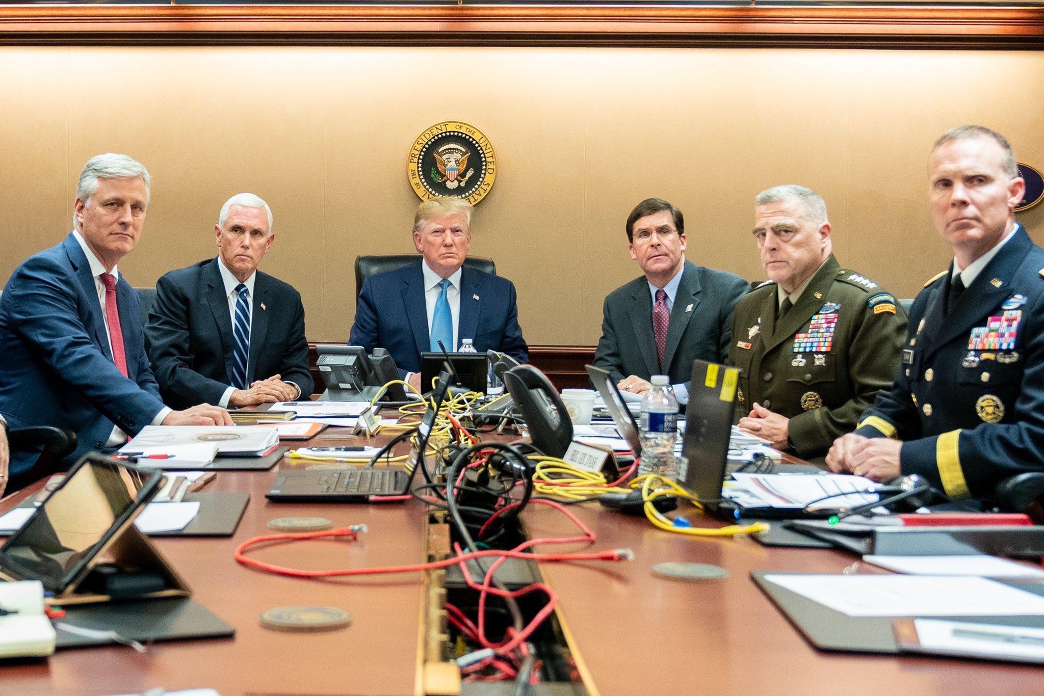 Trump, Mike Pence (second left), Mark Esper (third right) and members of the national security team watch as Baghdadi is killed