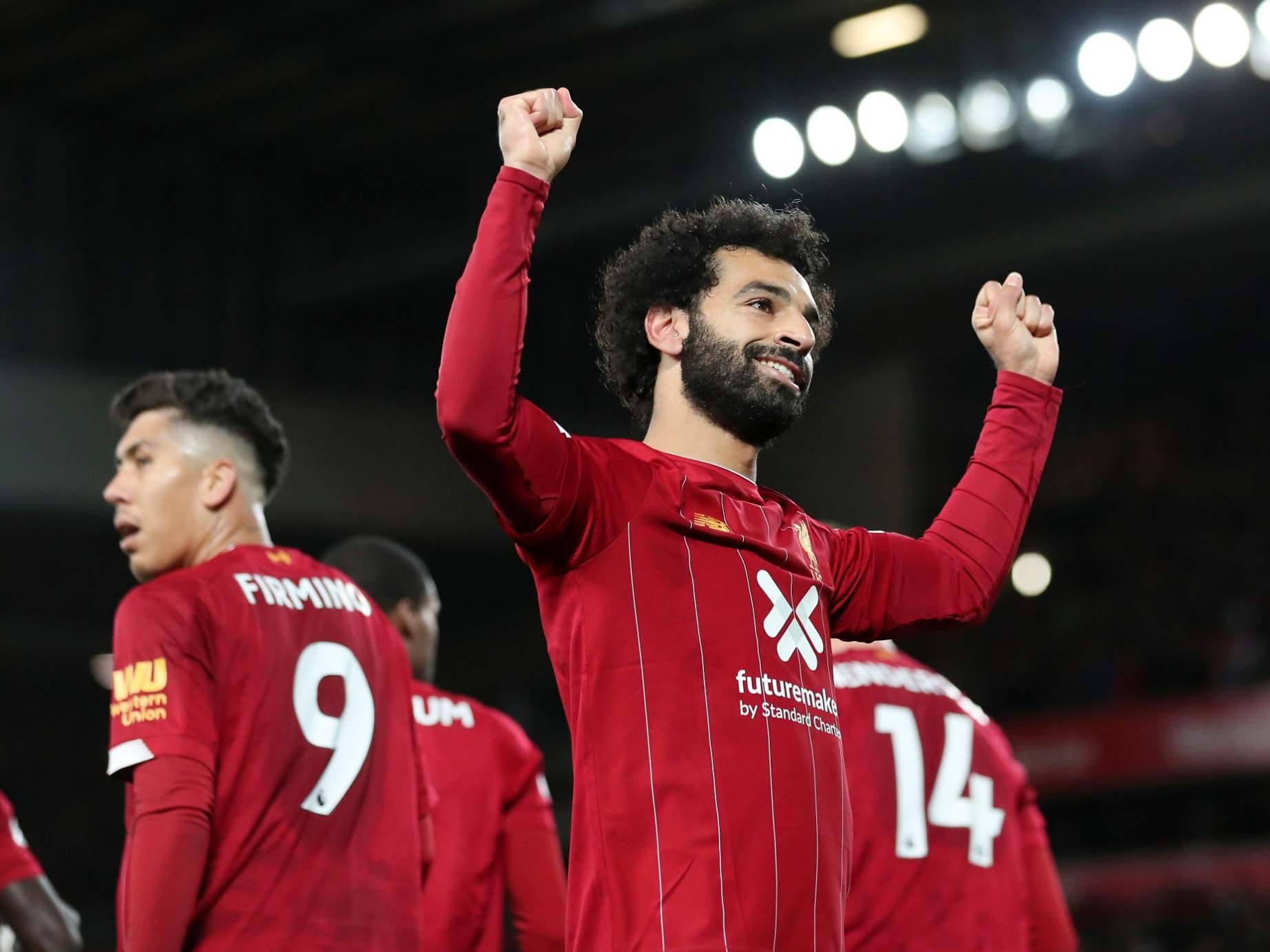 Liverpool’s Mohamed Salah celebrates after scoring