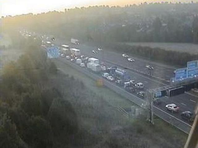 Image from Highways England traffic camera showing tailbacks on the M20 near junction 7 where the motorway was still closed after Operation Brock work overran on 28 October, 2019.