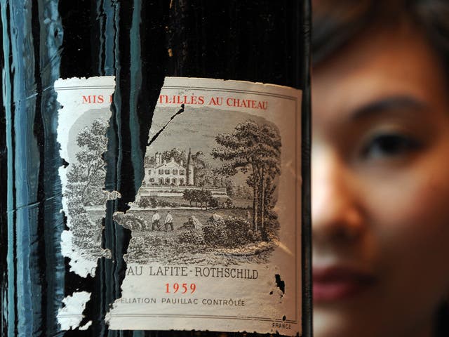 A bottle of Chateau Lafite Rothschild 1959 at an auction preview in Hong Kong