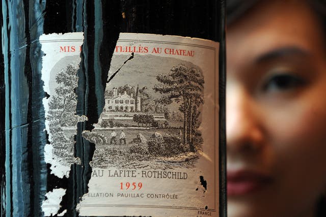 A bottle of Chateau Lafite Rothschild 1959 at an auction preview in Hong Kong