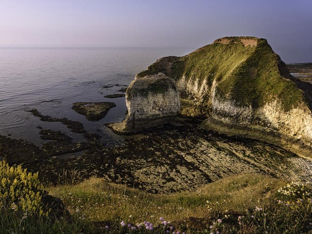 The high chalk cliffs, promontory, and coastline flanked by the North Sea at Flamborough Head are popular with bird watchers and hikers