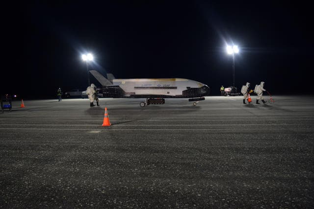 The Air Force's X-37B Orbital Test Vehicle Mission 5 is seen after landing at NASA's Kennedy Space Center Shuttle Landing Facility