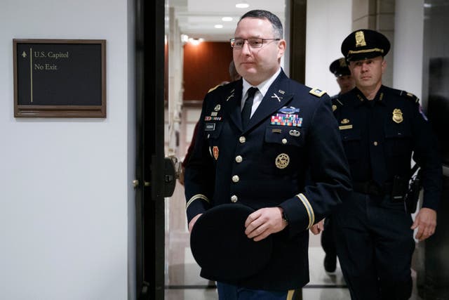 Lt Col Alexander Vindman arrives to give evidence in the impeachment hearings against Donald Trump