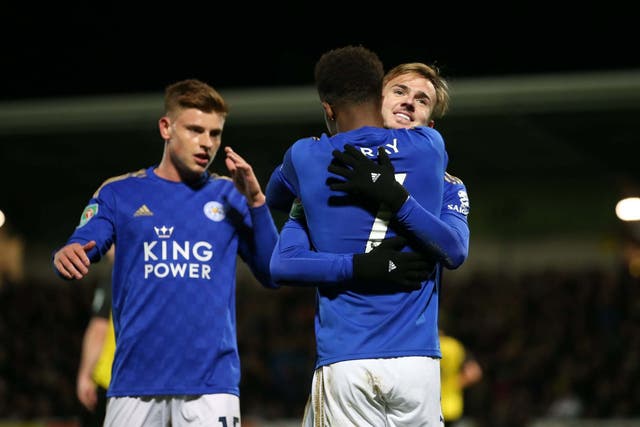 James Maddison celebrates sealing victory for the Foxes