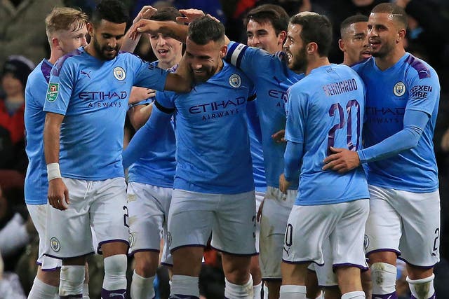 Nicolas Otamendi celebrates scoring Manchester City's first goal