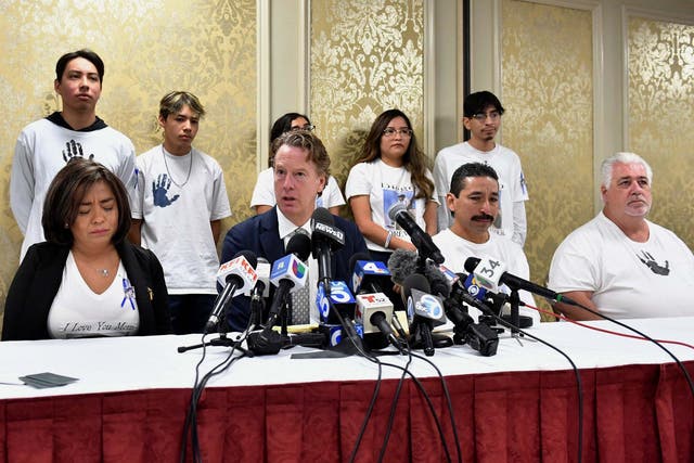 The aunt and uncle of Diego Stolz appear at a press conference with family members and attorney David Ring