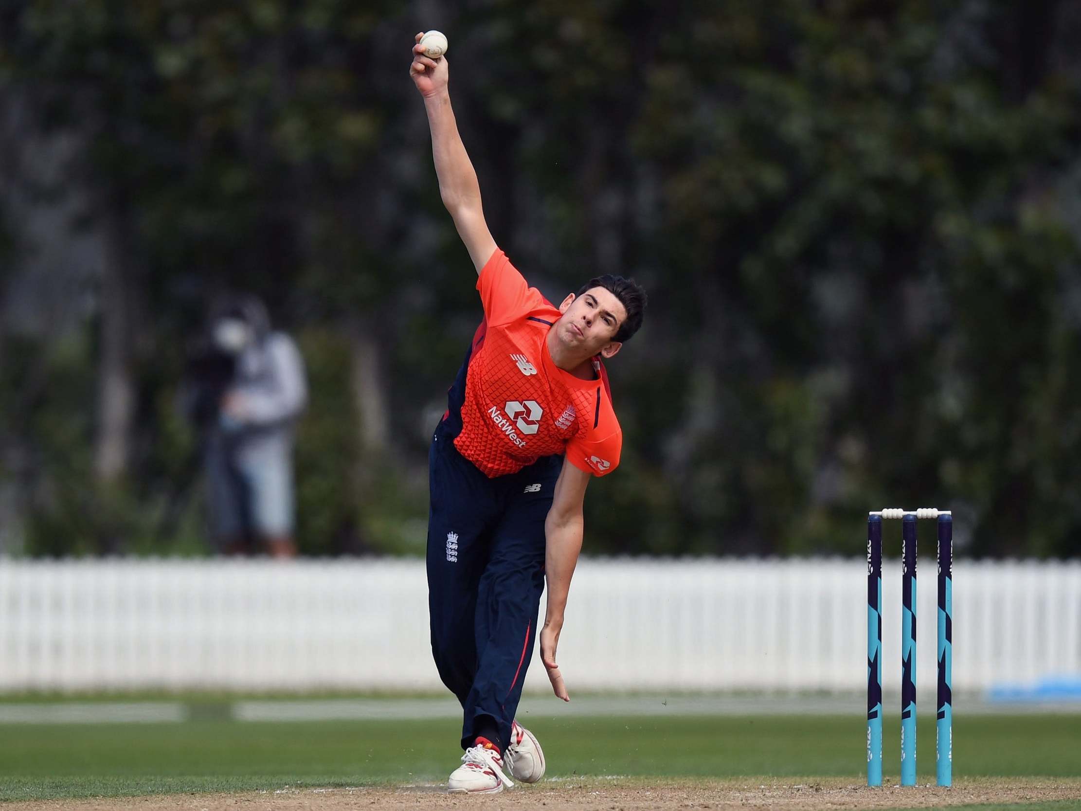 Pat Brown bowls for England in the T20 warm-up