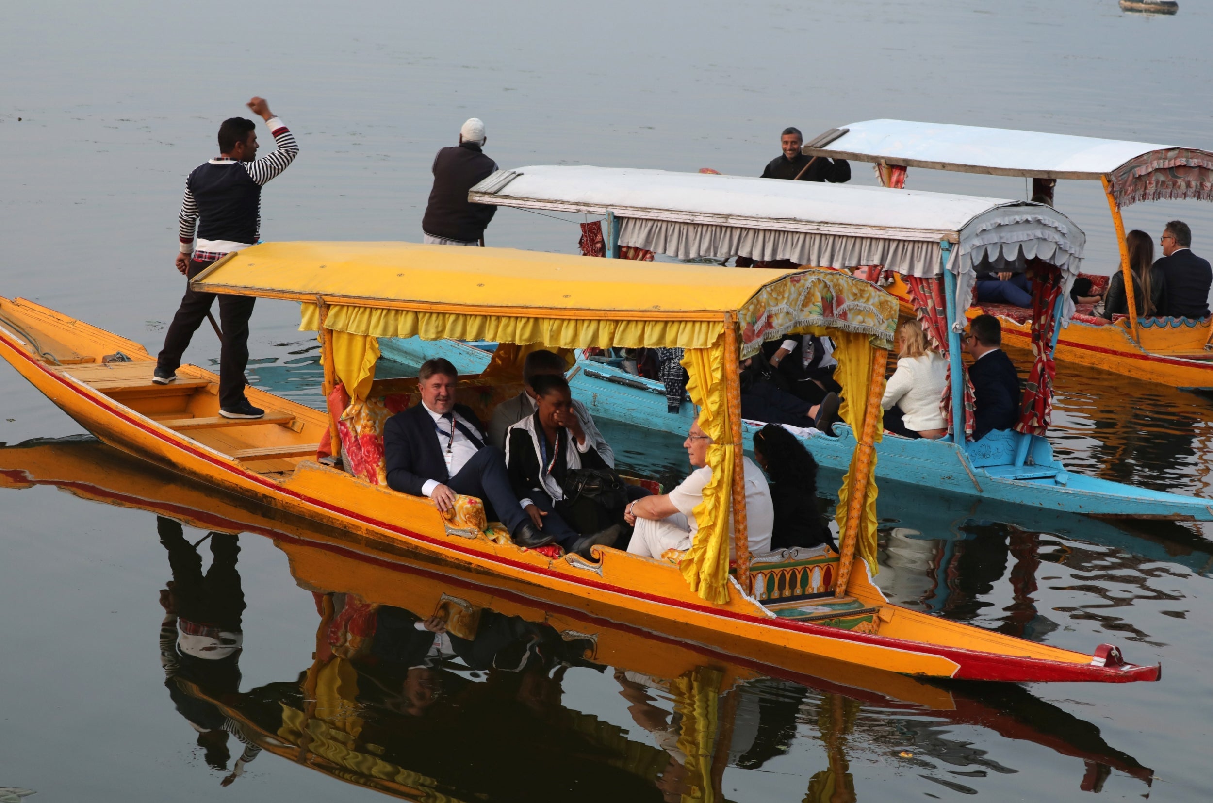 Members of European parliament enjoyed a boat ride on Dal Lake in Srinagar on Tuesday