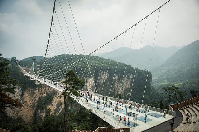 A glass-bottomed bridge in Zhangjiajie, in China's Henan province