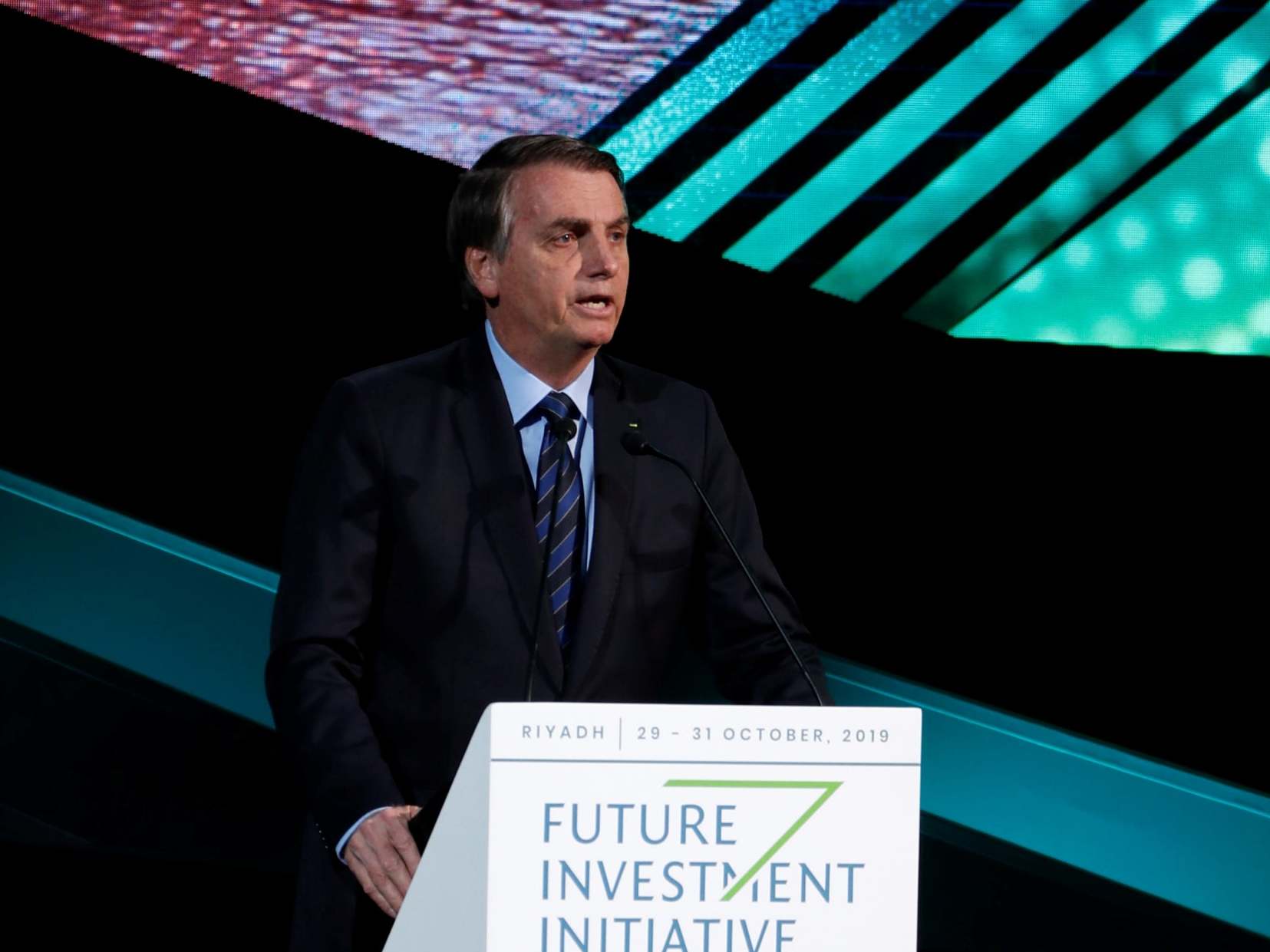Jair Bolsonaro speaks at a conference in Riyadh