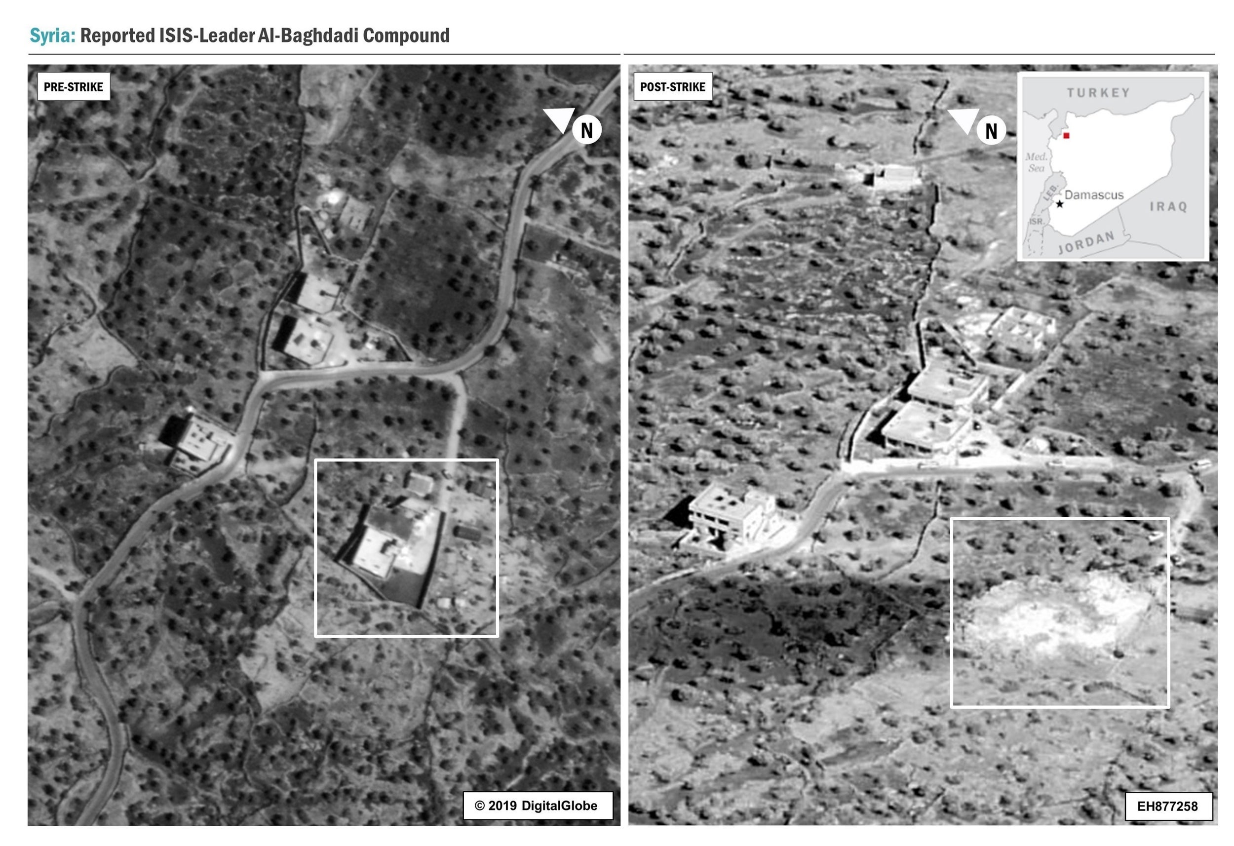An image released by the US defence department showing the compound where Isis leader Abu Bakr al-Baghdadi was killed in a raid by US special forces, before (left) and after the attack