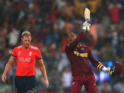 Marlon Samuels hits Ben Stokes for six in the Twenty20 World Cup final