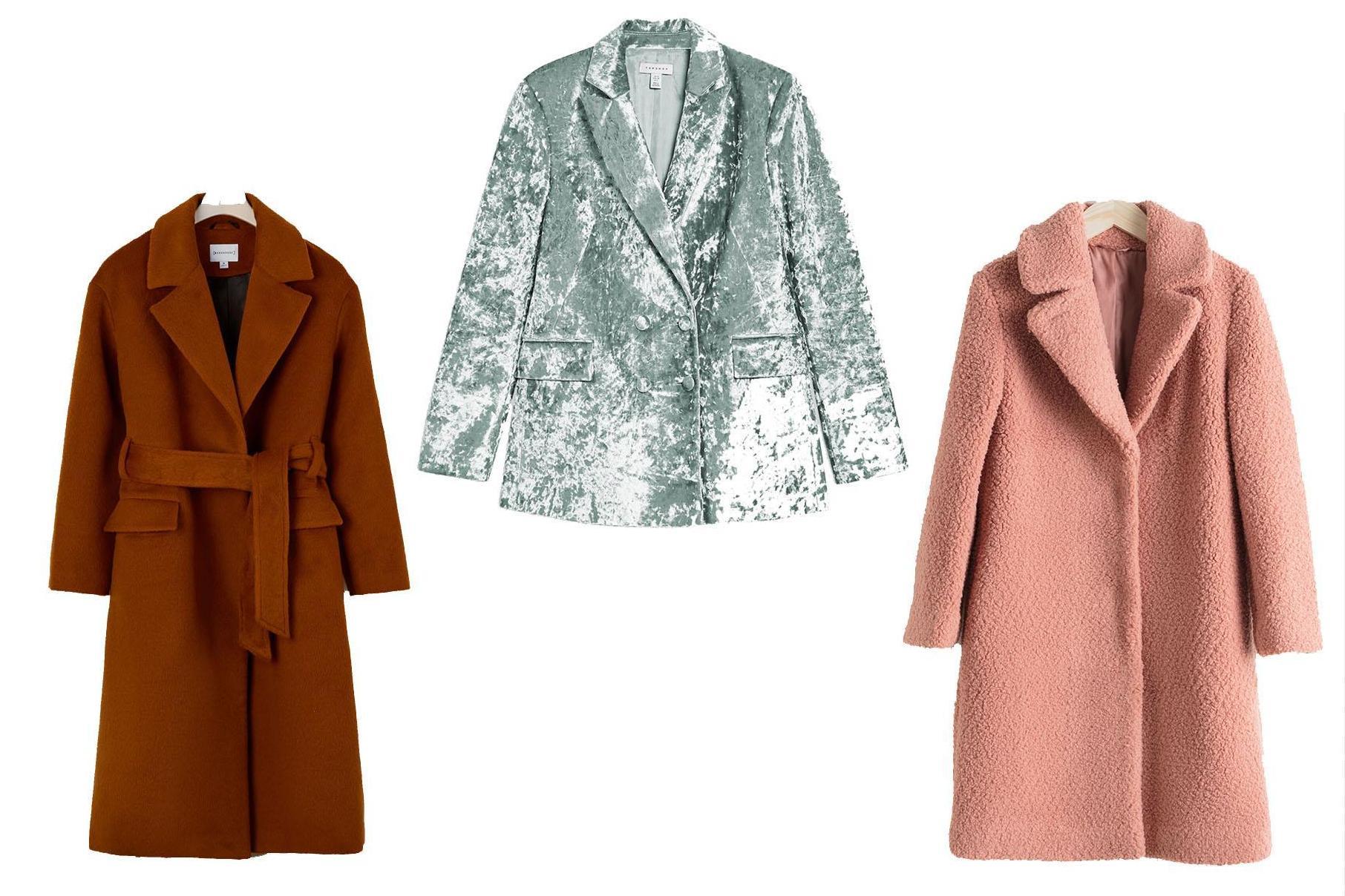 Textured Belted Wrap Coat, £89, Warehouse; Mint Bonded Velvet Blazer, £75, Topshop; Faux Shearling Teddy Coat, £135, &amp; Other Stories