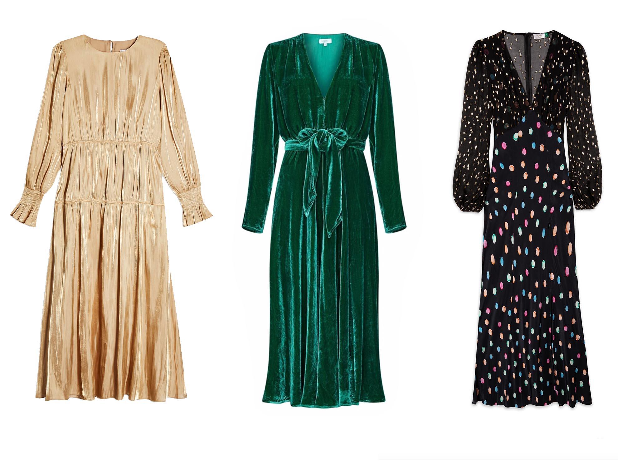 Gold Ruched Dress, £65, Topshop; Reese Dress, £245, Ghost London; Melanie, £315, Rixo