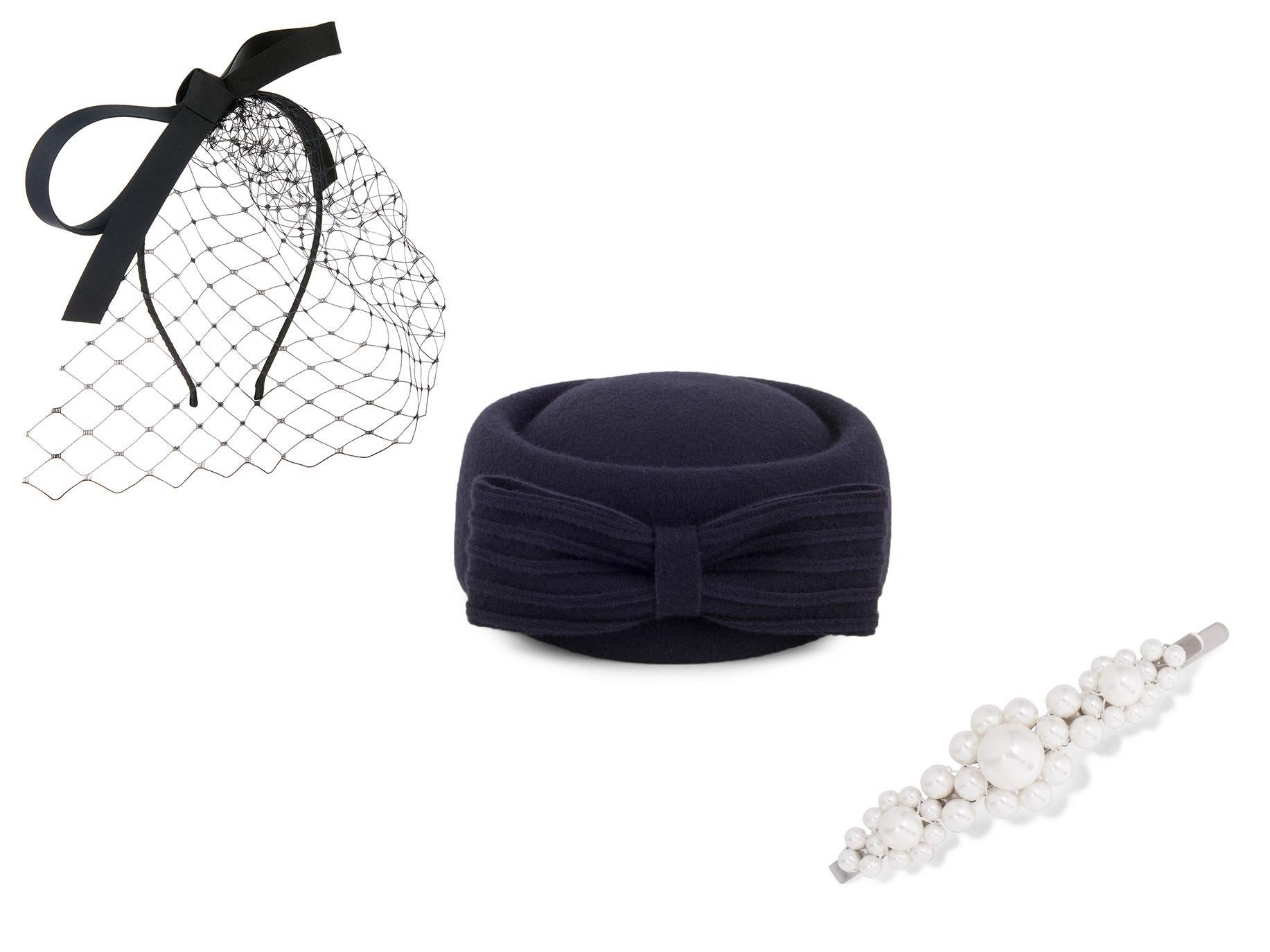 Bow and Veil Headpiece, £25, Accessorize; Whiteley Hats Jackie O Loop Bow Pillbox Hat, £77.95, Hats and Caps; Simone Rocha, Silver-Tone Faux Pearl Hair Slide, £75, Net-a-Porter
