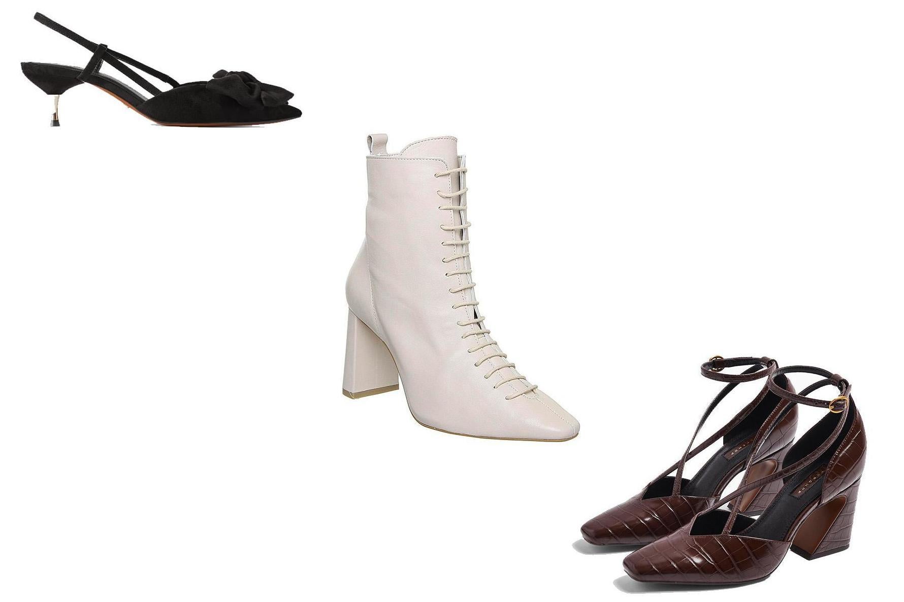 Kitten-Heel Shoes with Bow, £25.99, Zara; Affection Block Heel Boots, £95, Office; Ghost Brown Cross Front Court Shoes, £46, Topshop