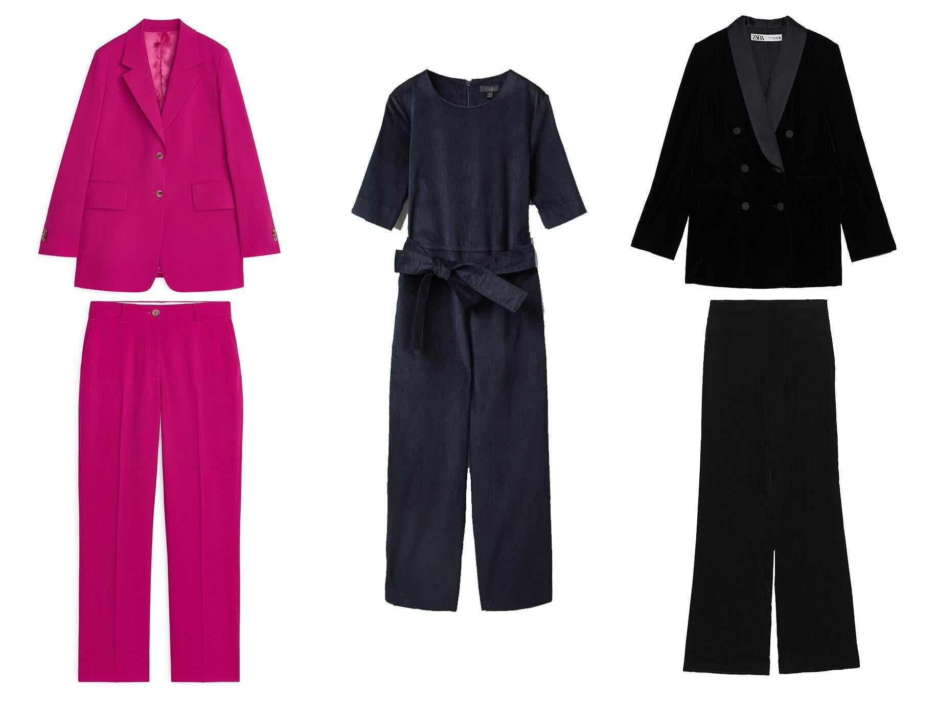 Wool Hopsack Blazer, £150 &amp; Trousers, £79, Arket; Velvet Straight Leg Jumpsuit, £115, Cos Stores; Velvet Shawl Collar Blazer, £79.99 &amp; Straight Fit Trousers, £29.99, Zara