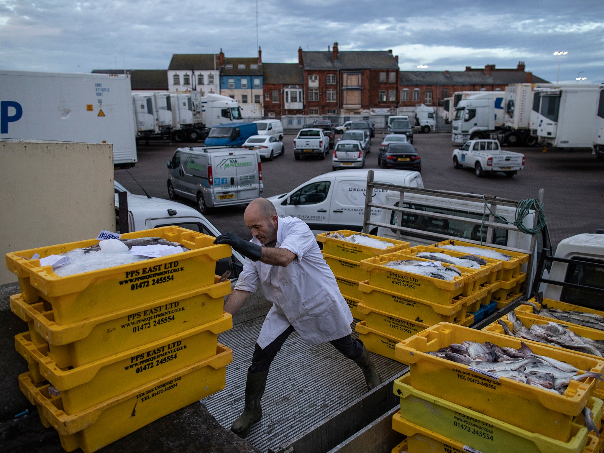 Pallets of fish including cod and haddock are loaded onto a lorry at Grimsby Fish Market in October