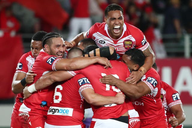 Tongan players burst into tears after securing a shock victory of Australia
