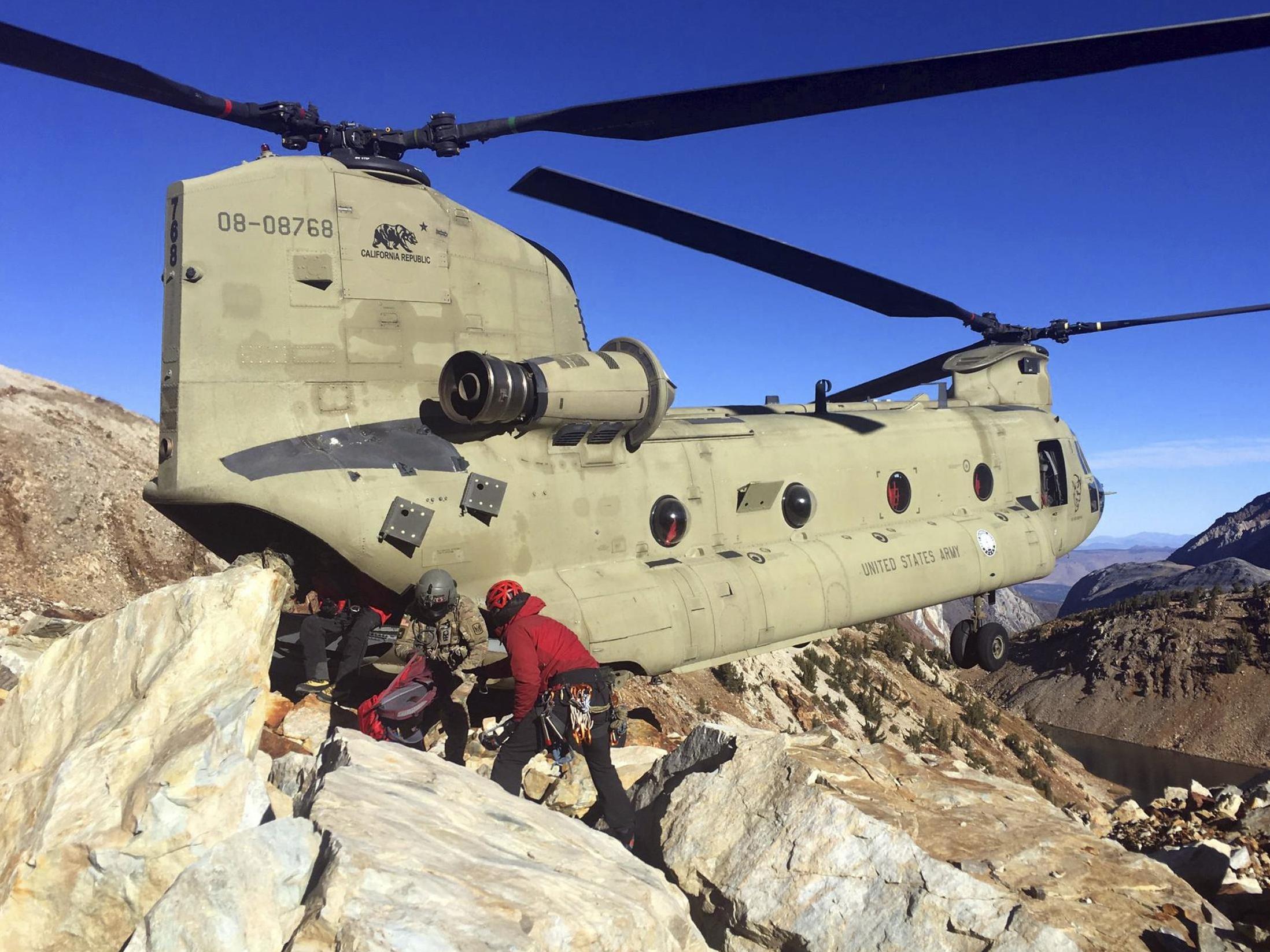 Photo provided by the Mono County Sheriff's Office shows operations to recover the bodies of two hikers who died on Red Slate Mountain in California's eastern Sierra Nevada outside of Mammoth Lakes, California.
