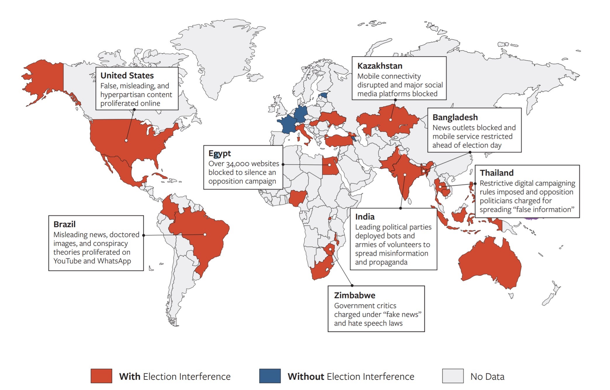 A map showing the global phenomenon of digital election interference
