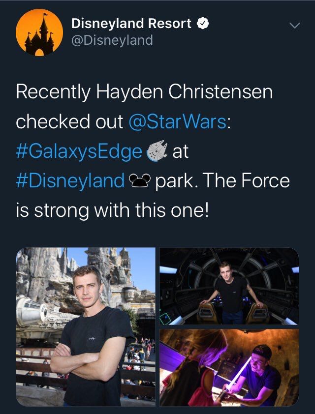 Tweet showing Hayden Christensen at Star Wars theme park Galaxy’s Edge was swiftly deleted by Disneyland’s official account (Reddit)