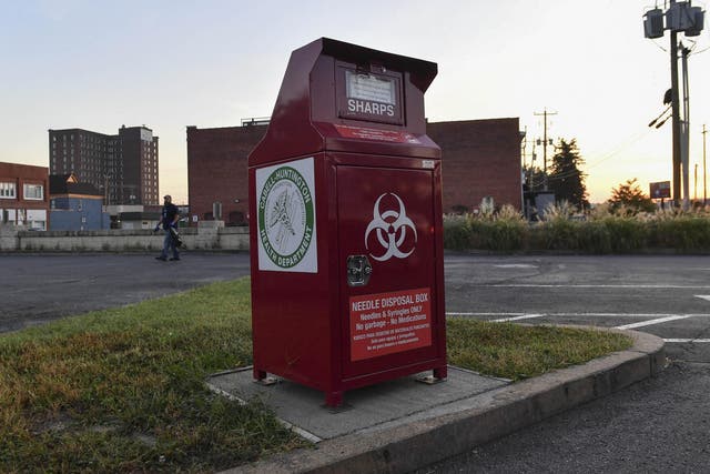 A needle disposal box at the Cabell-Huntington Health Department in Huntington