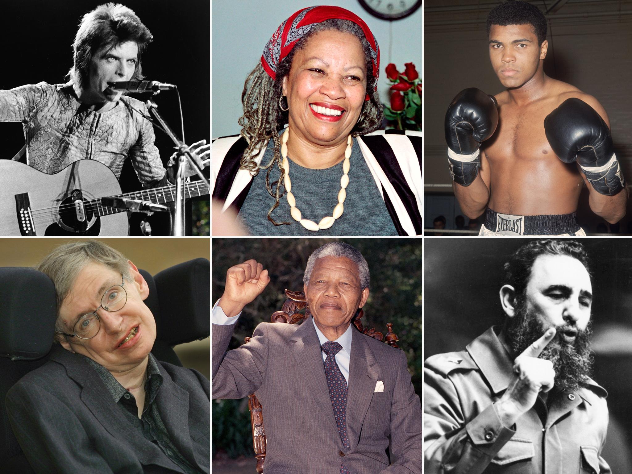 Clockwise from top left: Bowie, Morrison, Ali, Castro, Mandela and Hawking