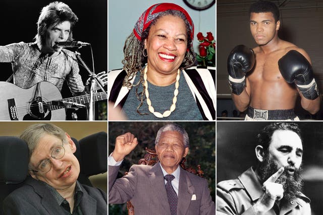 Clockwise from top left: Bowie, Morrison, Ali, Castro, Mandela and Hawking