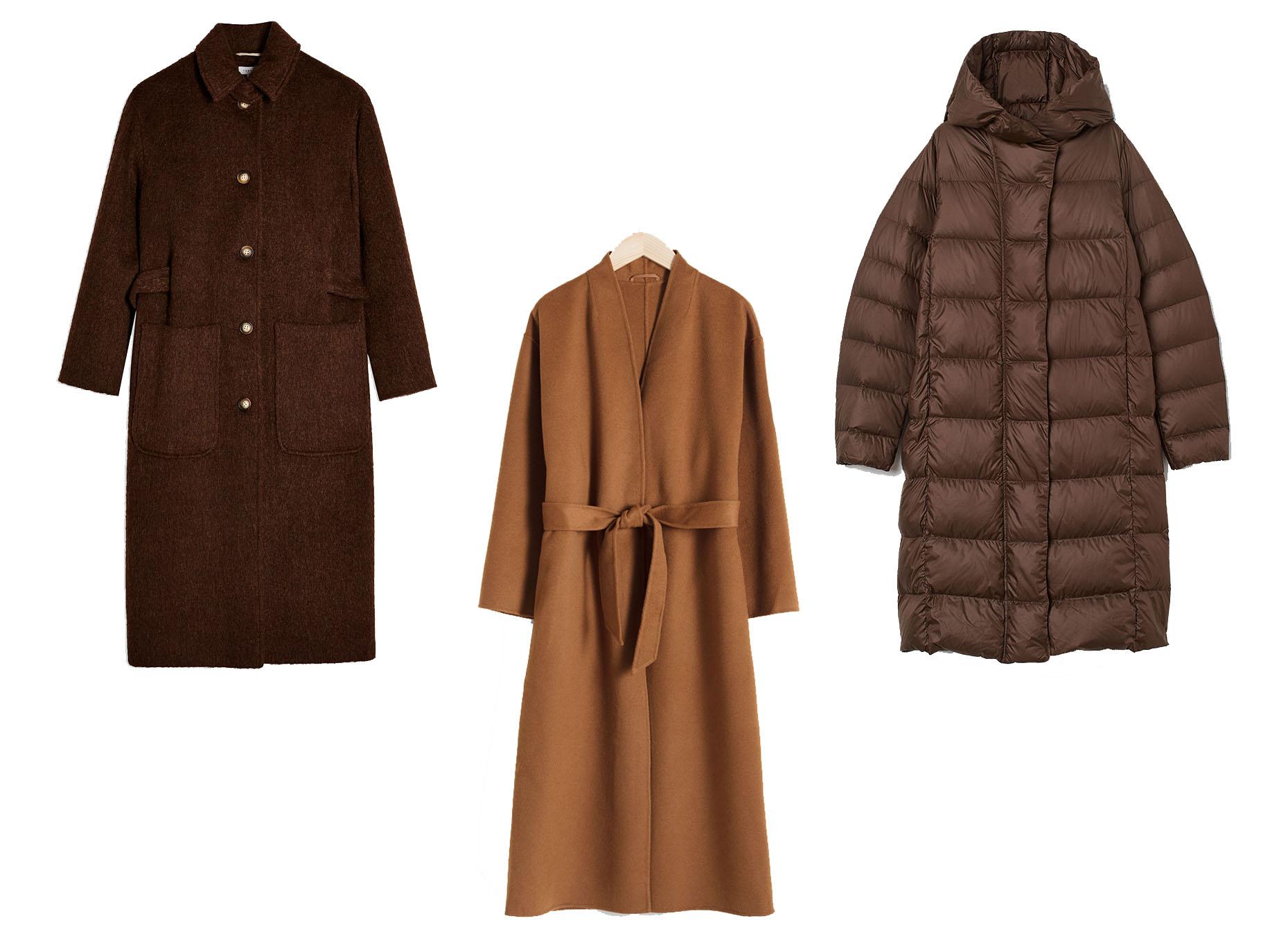 Brown Brushed Coat, £85, Topshop; Belted Wool Blend Coat, £175, &amp; Other Stories; Lightweight Hooded Down Coat, £69.99, H&amp;M
