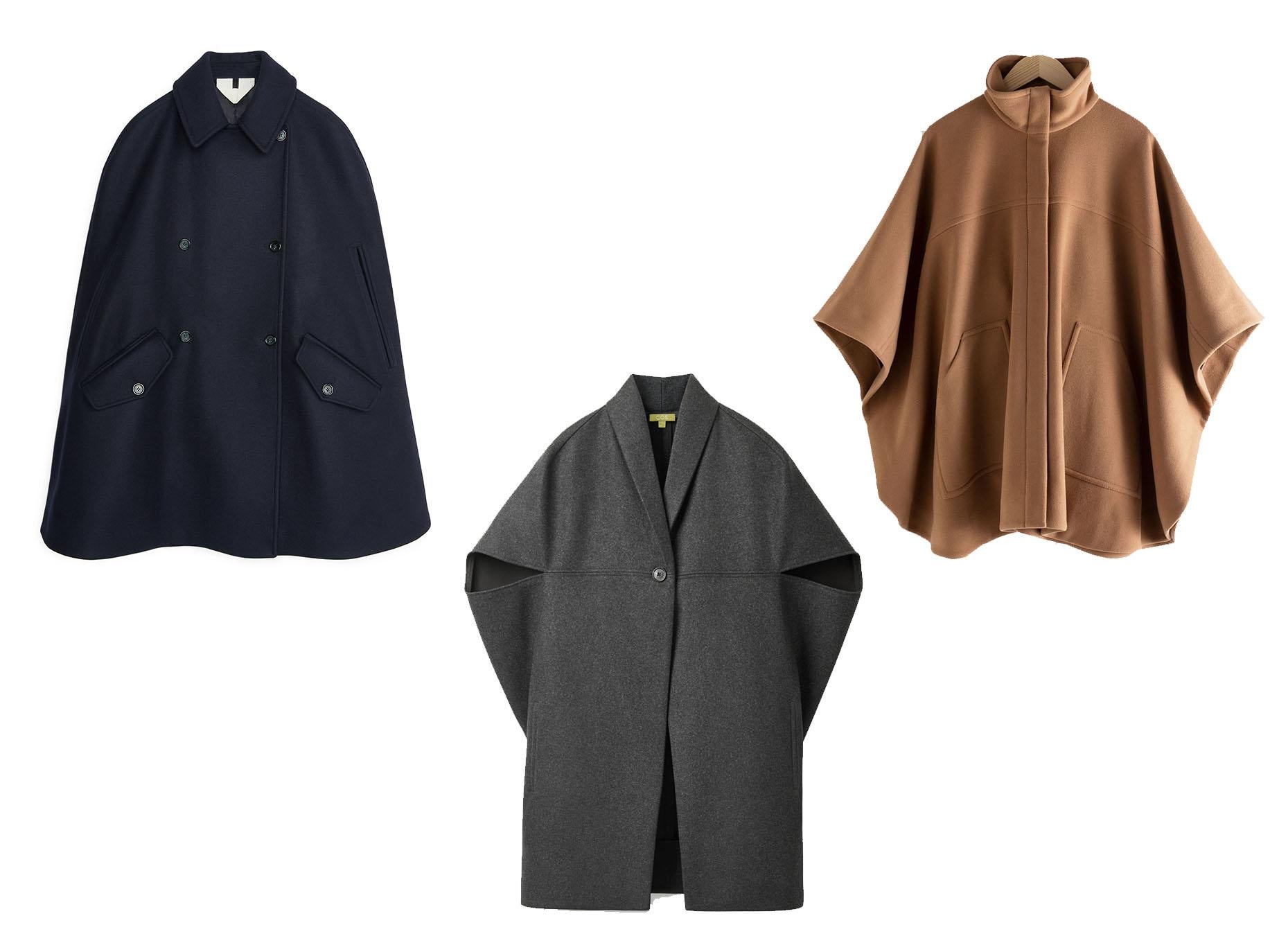 Heavy Wool Cape Coat, £190, Arket; Wool-Cashmere Cape Coat, £135, Cos; Voluminous Wool Blend Cape, £175, &amp; Other Stories