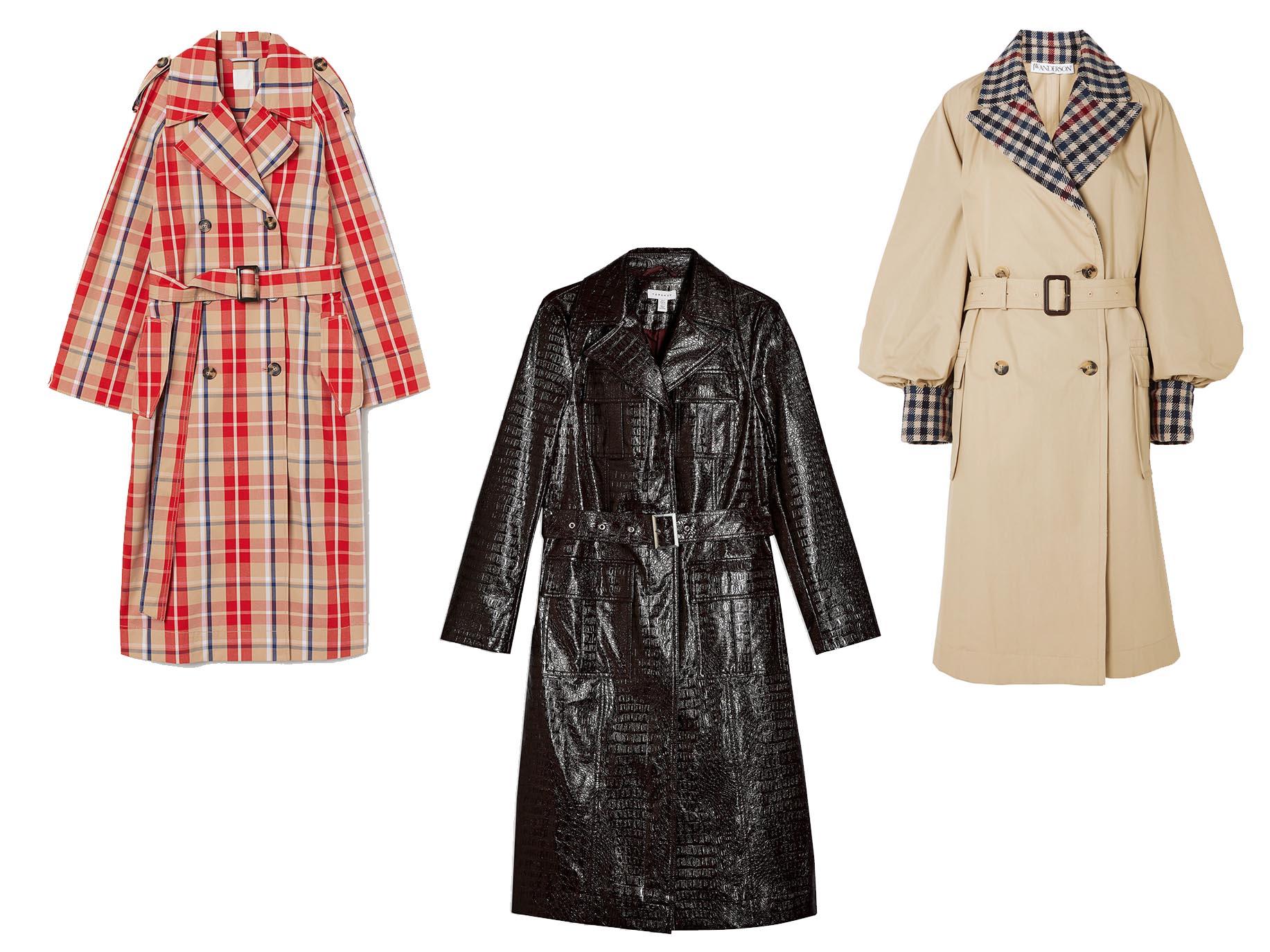 Checked Cotton Trench Coat, £25, H&amp;M; Burgundy Faux Crocodile Vinyl Coat, £79, Topshop; JW Anderson, Belted Trench Coat, £1,350, Net-a-Porter