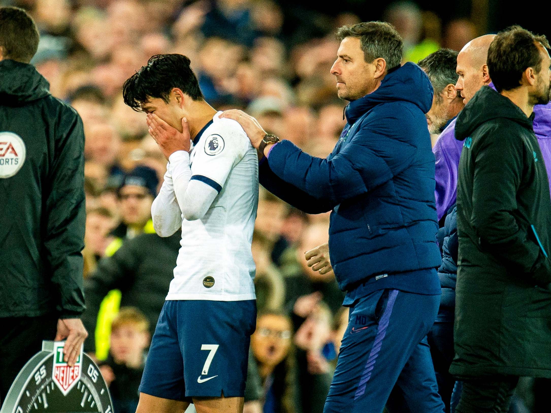 Son Heung-min reacts after the incident at Goodison Park
