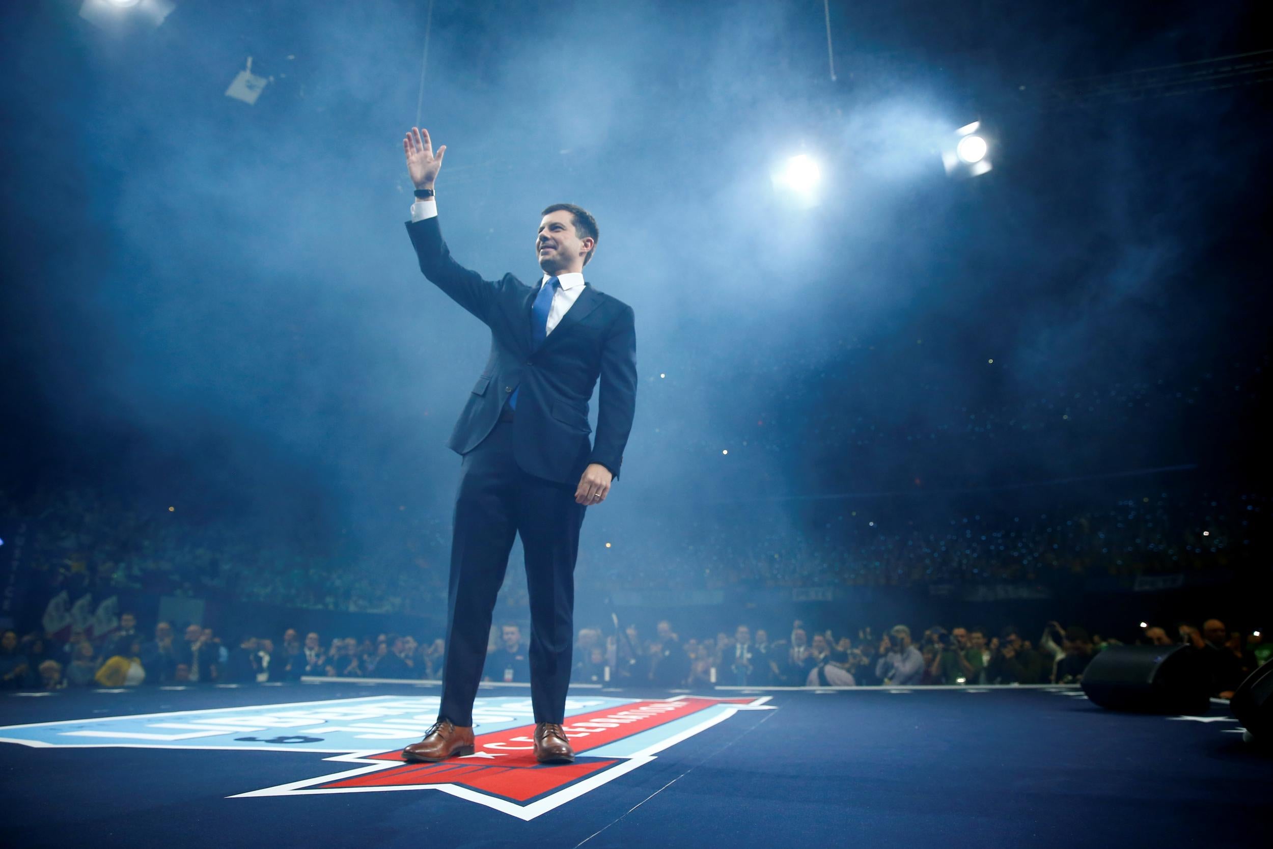 Mayor Pete Buttigieg speaks at a Democratic Party fundraising dinner, the Liberty and Justice Celebration, in Des Moines, Iowa.