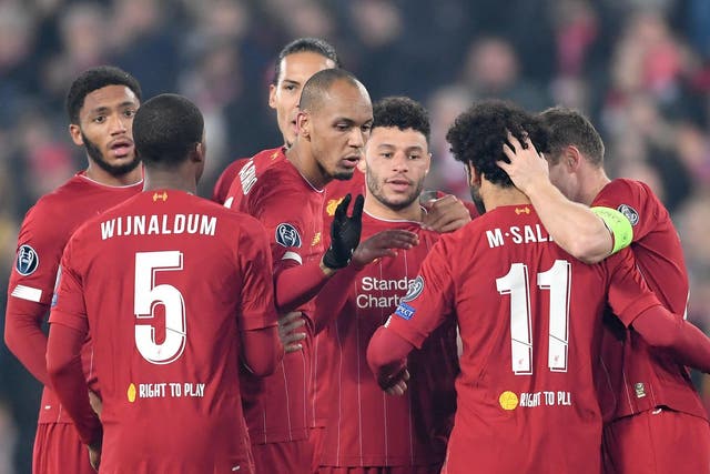 Liverpool celebrate Alex Oxlade-Chamberlain's winning goal