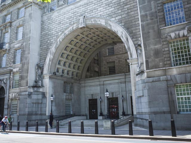 The entrance to the GCHQ building on Millbank, Westminster, an imposing building close to the Houses of Parliament occupied by MI5 and other government services