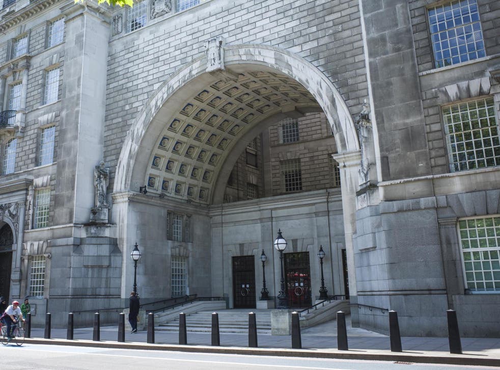 The entrance to the GCHQ building on Millbank, Westminster, an imposing building close to the Houses of Parliament occupied by MI5 and other government services
