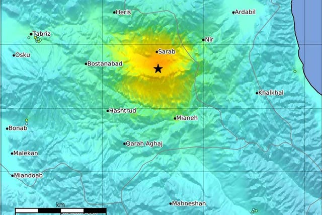 A graphic made available by the USGS showing the impact and epicentre (starred) of a magnitude-5.9 earthquake in northwestern Iran