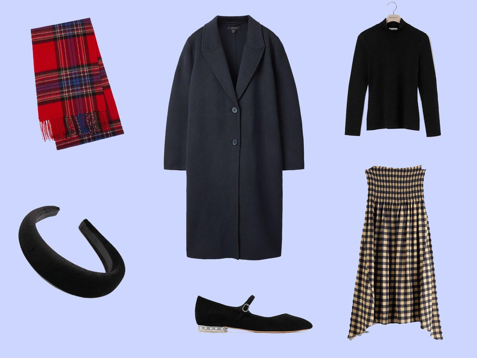 Long Sleeve Roll Neck Top, £16, Warehouse; Smocked Waist Plaid Midi Skirt, £65, &amp; Other Stories; Tailored Full Length Coat, £180, Cos; Sophia Webster, Toni Crystal Mary Jane Flats, £325, Net-a-Porter; Velvet Padded Headband, £10, Topshop; Cashmere Checked Scarf, £39.90, Uniqlo