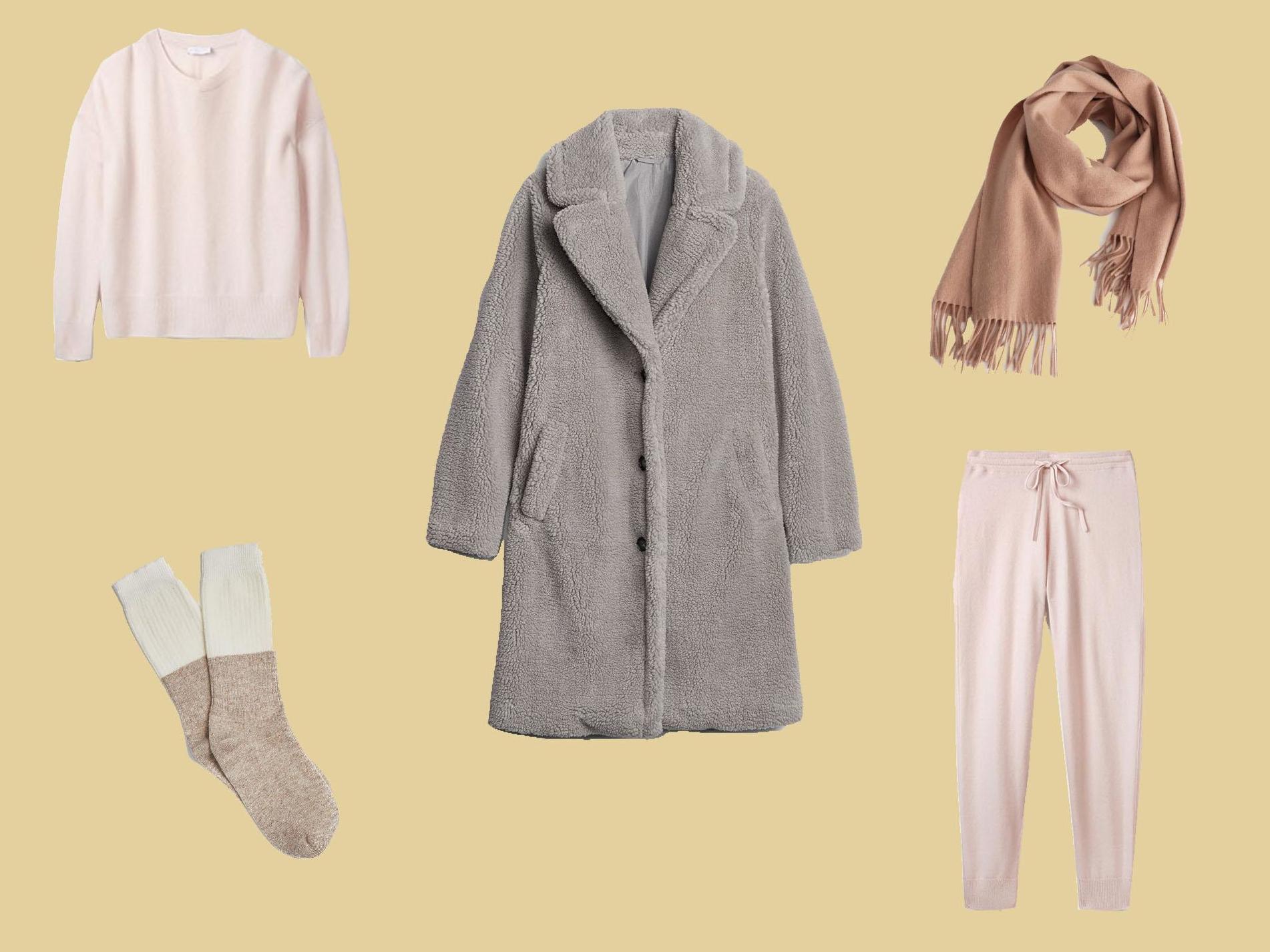 Cashmere Sweater, £169, The White Company; Cashmere Joggers, £169, The White Company; Teddy Coat, £89.95, Gap; Cream &amp; Camel Sleep Socks, £15, Yawn; Wool Fringed Blanket Scarf, £45, &amp; Other Stories