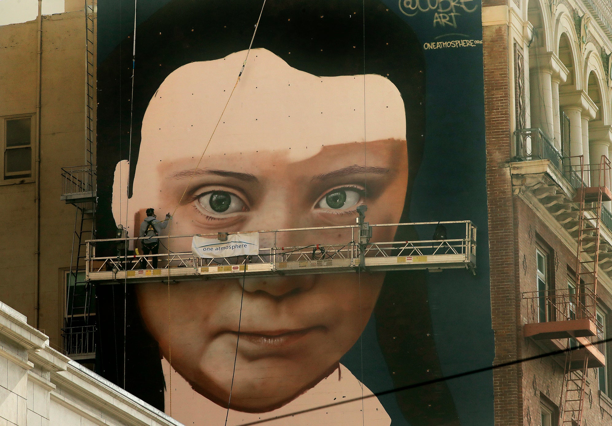 The eight-storey mural of Greta Thunberg has been painted on a building in downtown San Francisco