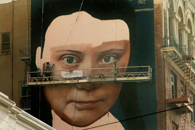 The eight-storey mural of Greta Thunberg has been painted on a building in downtown San Francisco